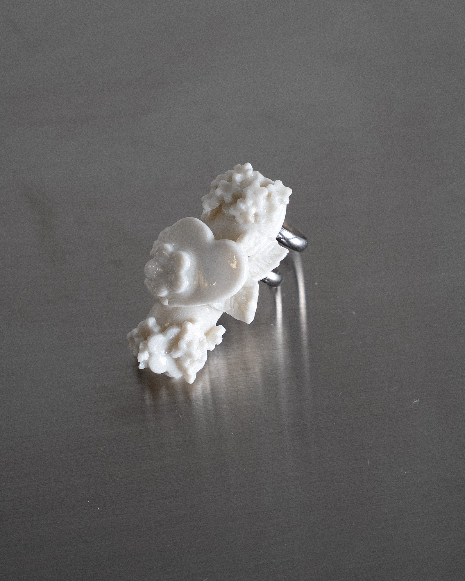 Porcelain Nail Ring “White Flower” #8 (M) by Fatma Cankaya