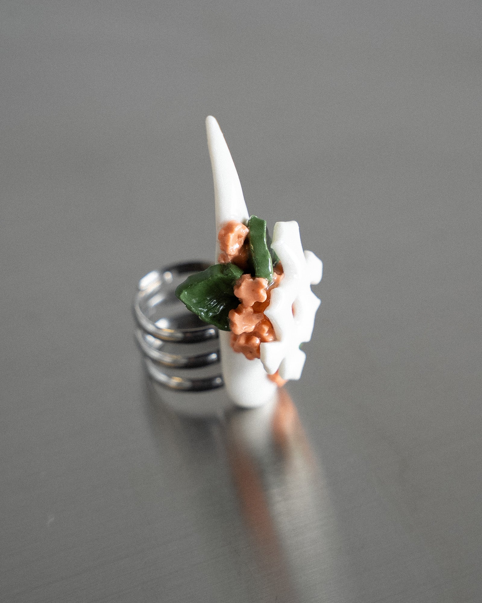 Porcelain Nail Ring “Apricot Flower with Cross” #1 (M) by Fatma Cankaya