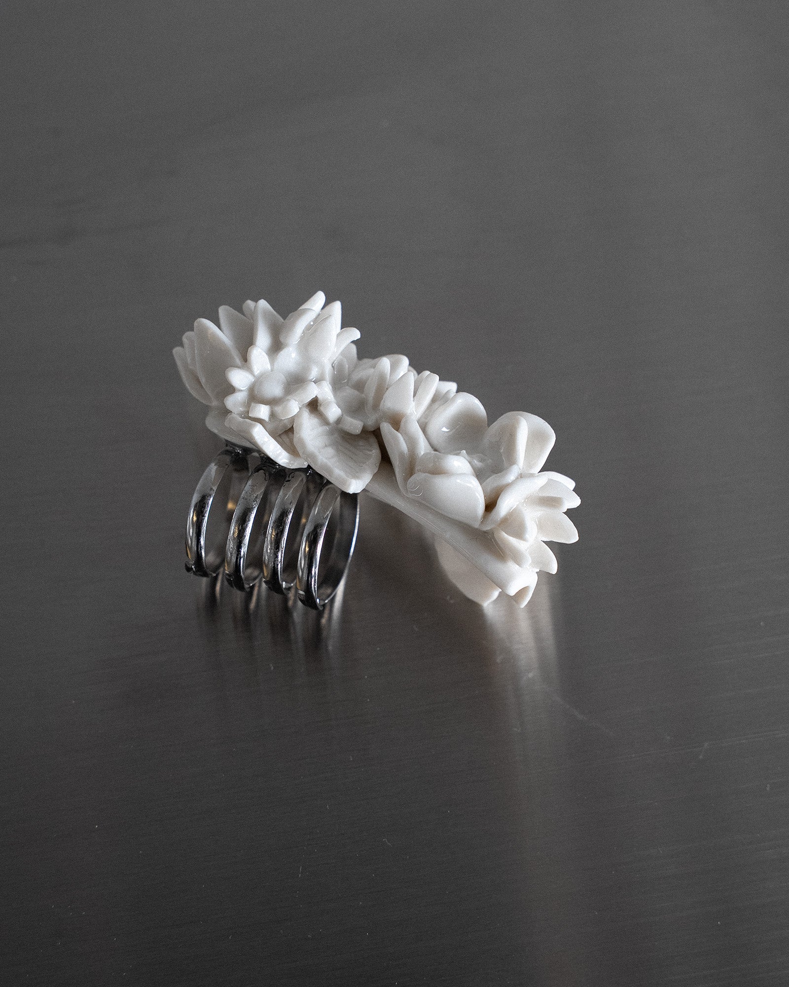Porcelain Nail Ring “White Flower” #1 (XL) by Fatma Cankaya
