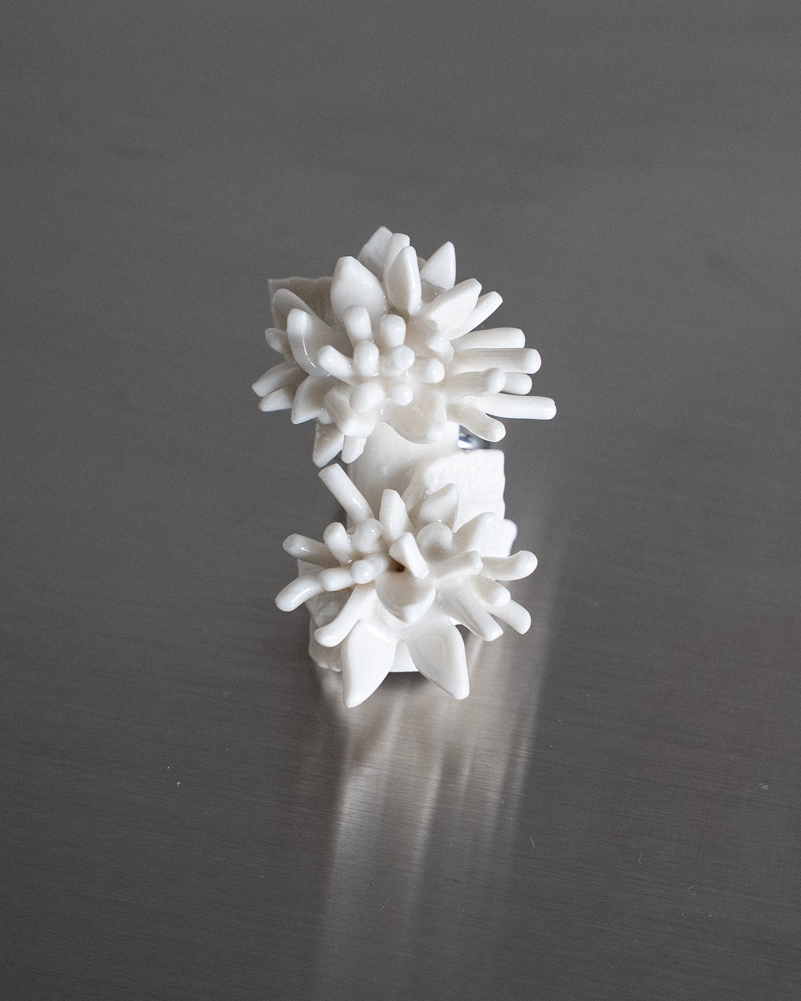 Porcelain Nail Ring “White Flower” #2 (L) by Fatma Cankaya