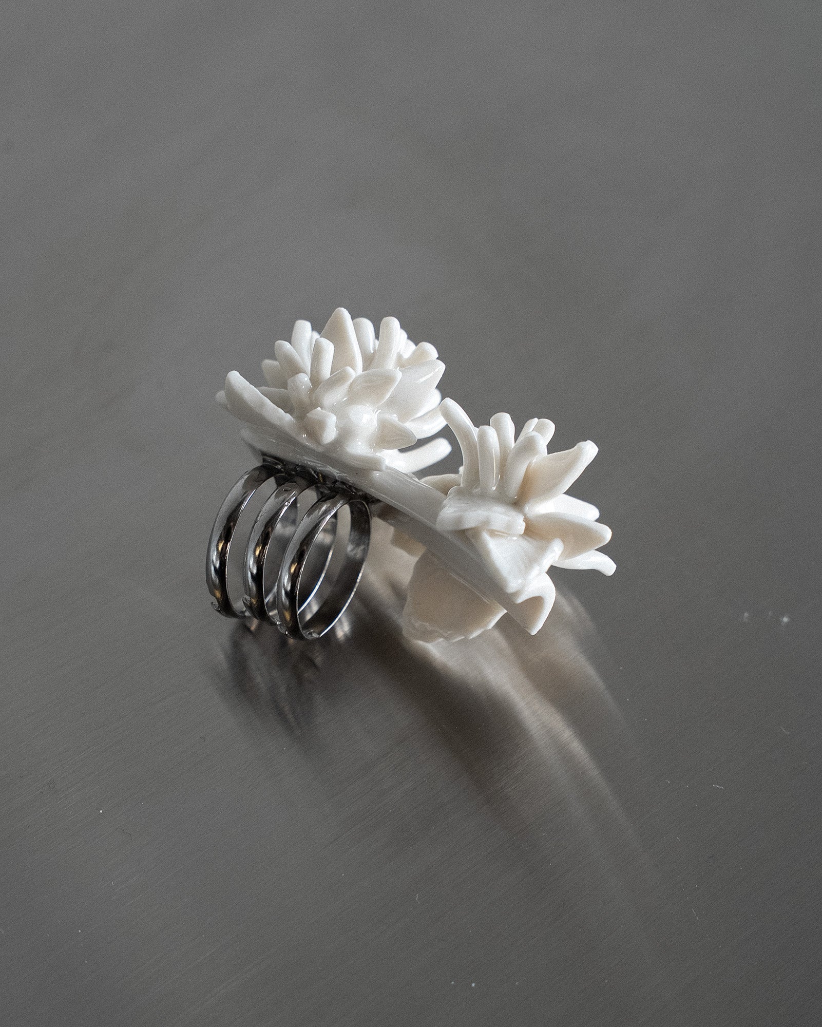 Porcelain Nail Ring “White Flower” #2 (L) by Fatma Cankaya