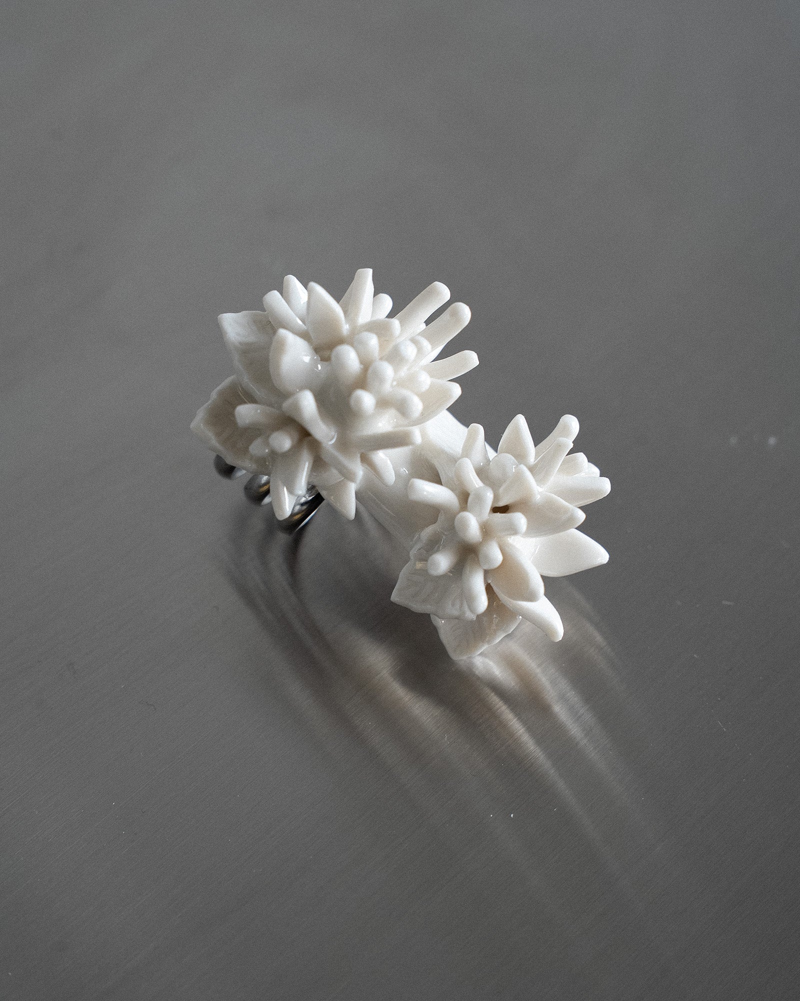 Porcelain Nail Ring “White Flower” #2 (L) by Fatma Cankaya