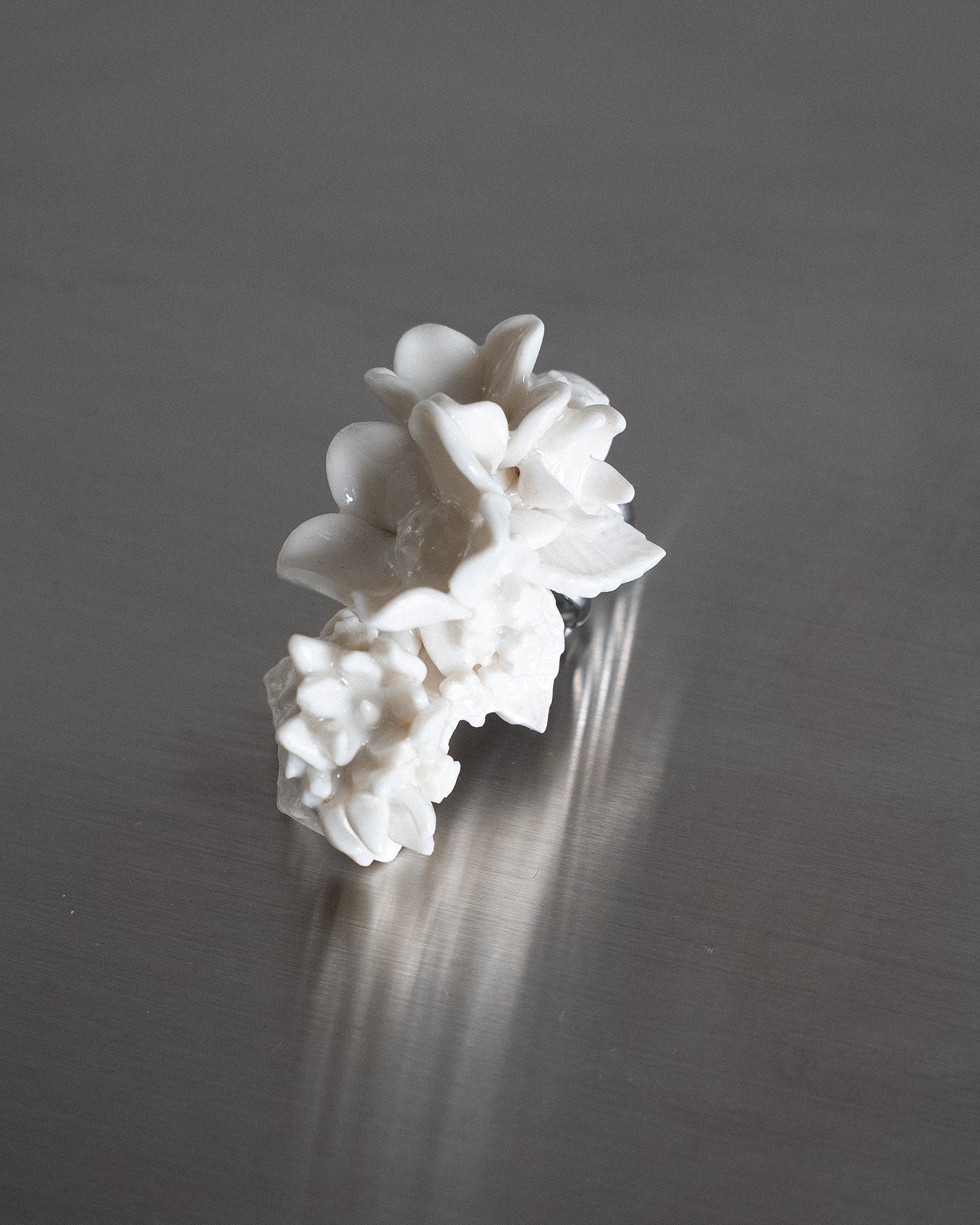 Porcelain Nail Ring “White Flower” #3 (XL) by Fatma Cankaya