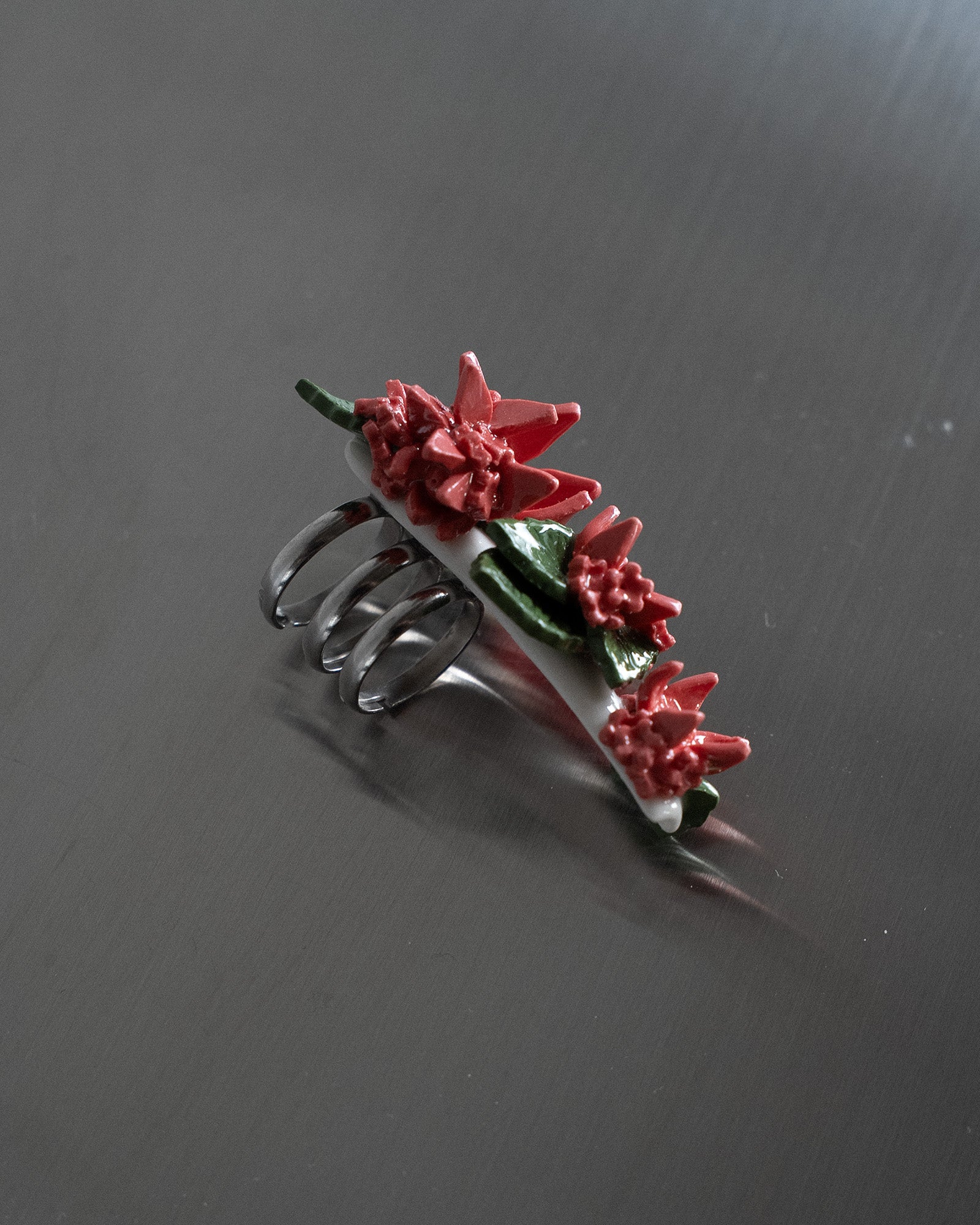 Porcelain Nail Ring “Salmon Pink Flower” #1 (L) by Fatma Cankaya