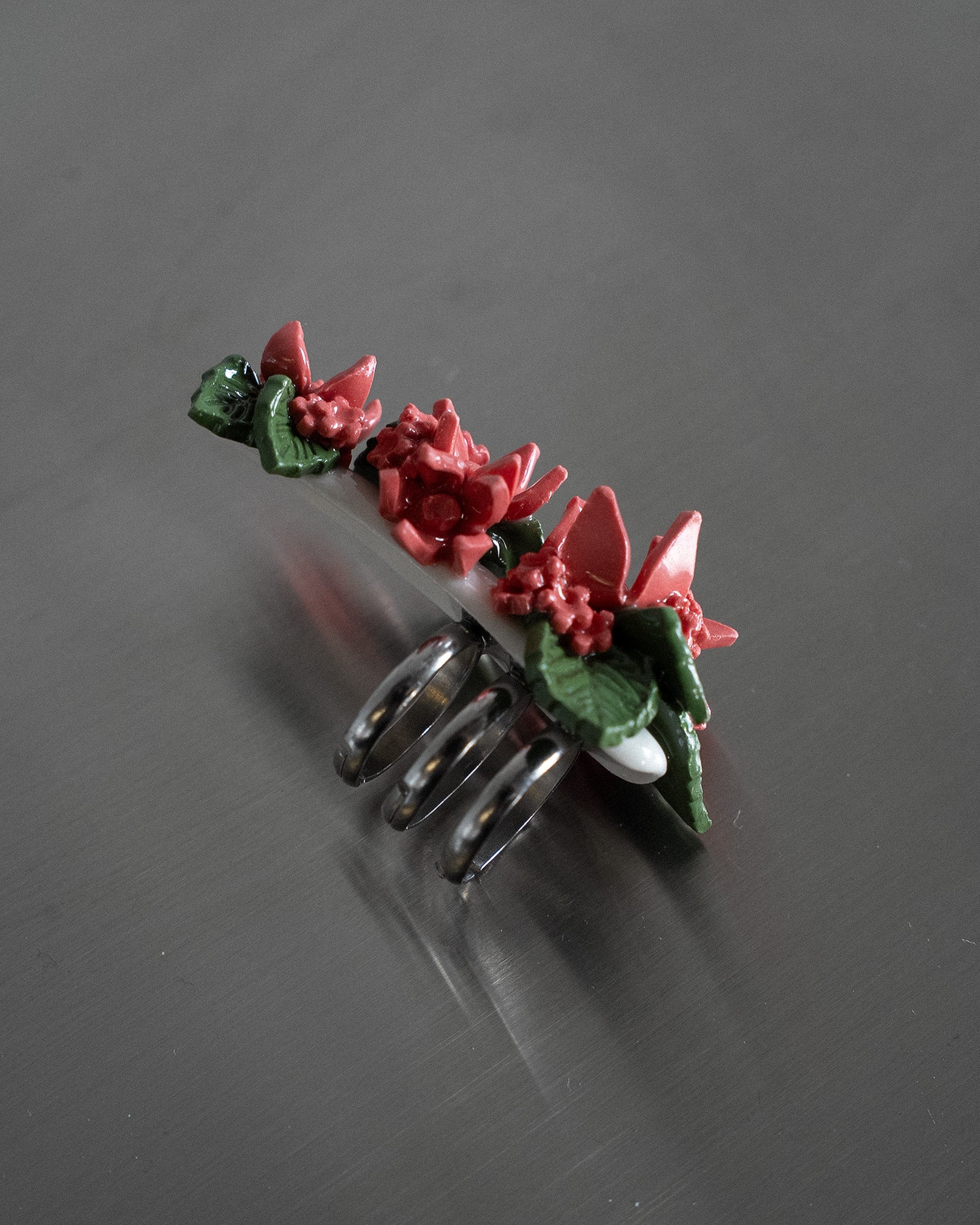 Porcelain Nail Ring “Salmon Pink Flower” #1 (L) by Fatma Cankaya