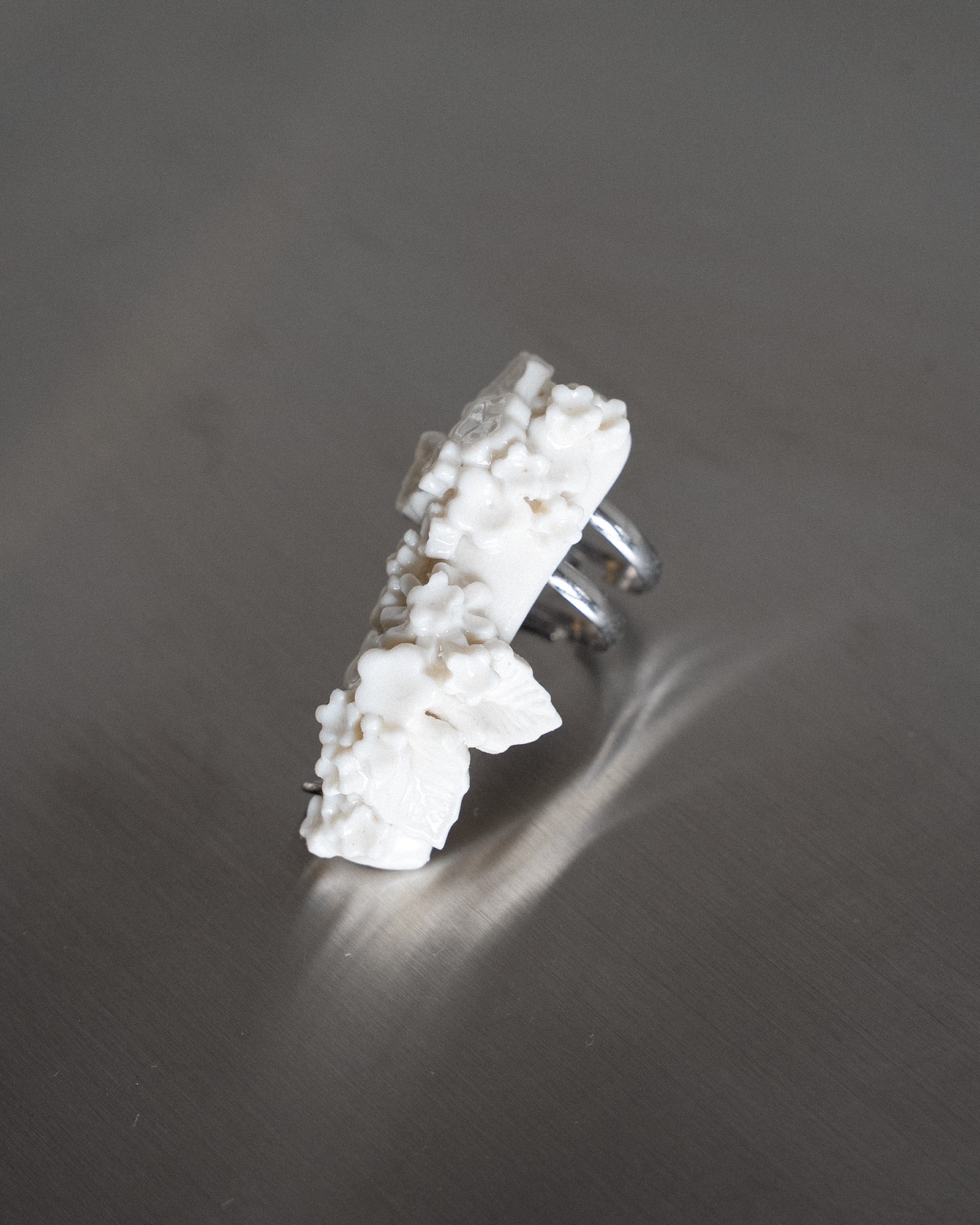 Porcelain Nail Ring “White Flower” #4 (M) by Fatma Cankaya
