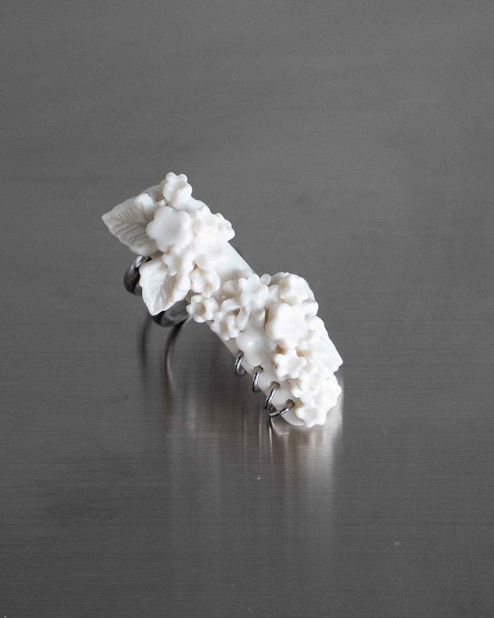 Porcelain Nail Ring “White Flower” #4 (M) by Fatma Cankaya