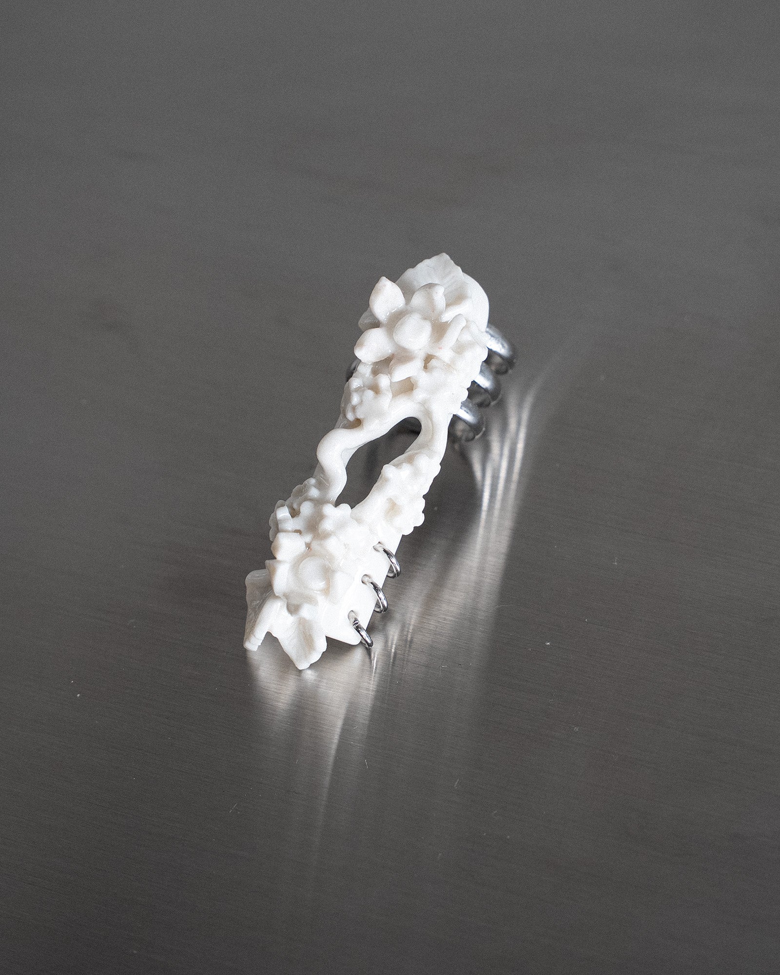 Porcelain Nail Ring “White Flower” #5 (L) by Fatma Cankaya