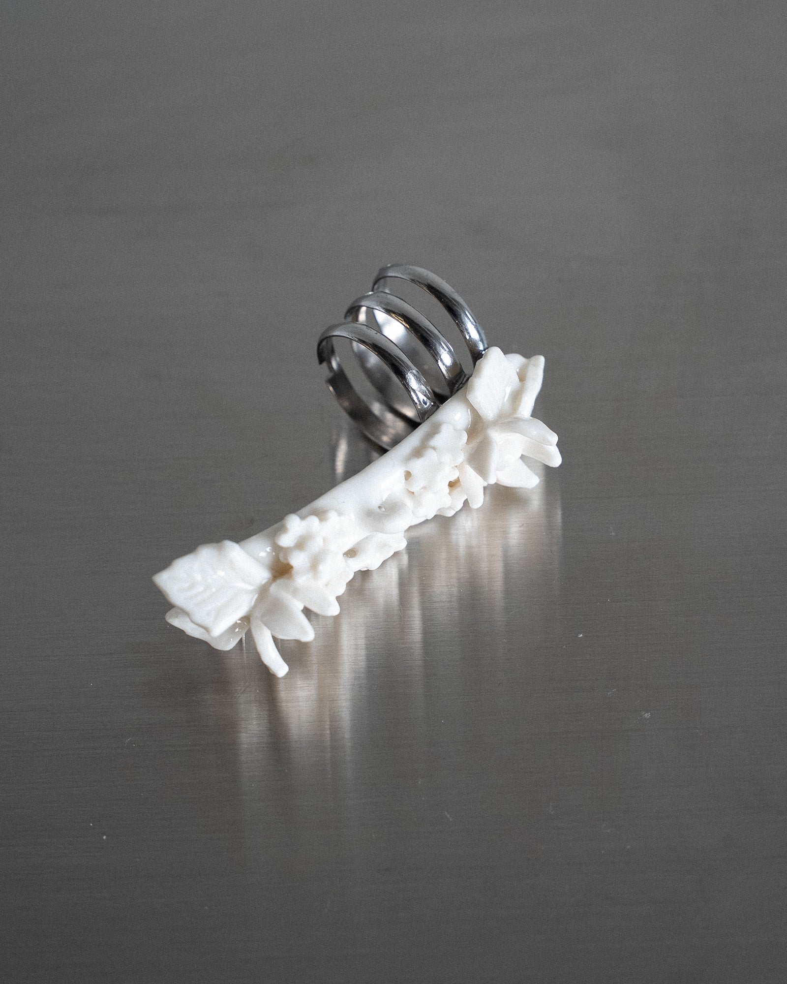 Porcelain Nail Ring “White Flower” #5 (L) by Fatma Cankaya
