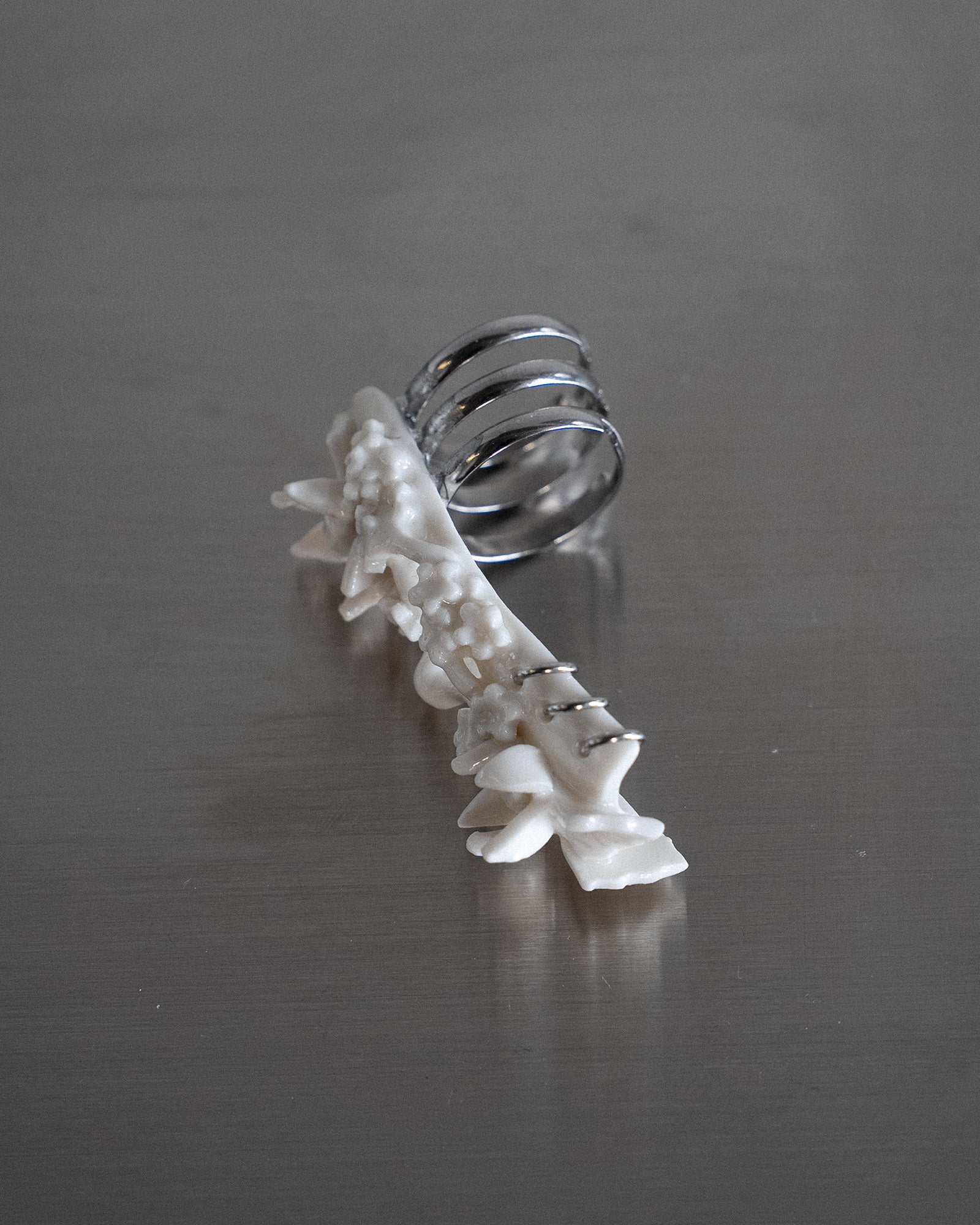 Porcelain Nail Ring “White Flower” #5 (L) by Fatma Cankaya