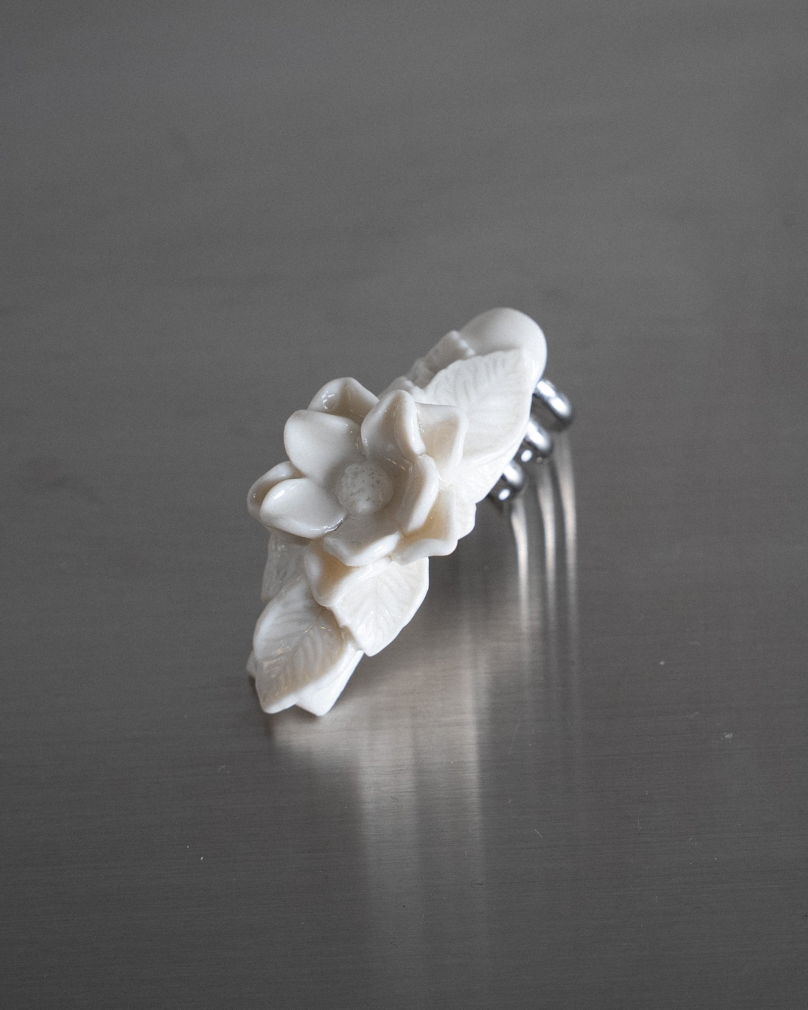 Porcelain Nail Ring “White Flower” #6 (L) by Fatma Cankaya