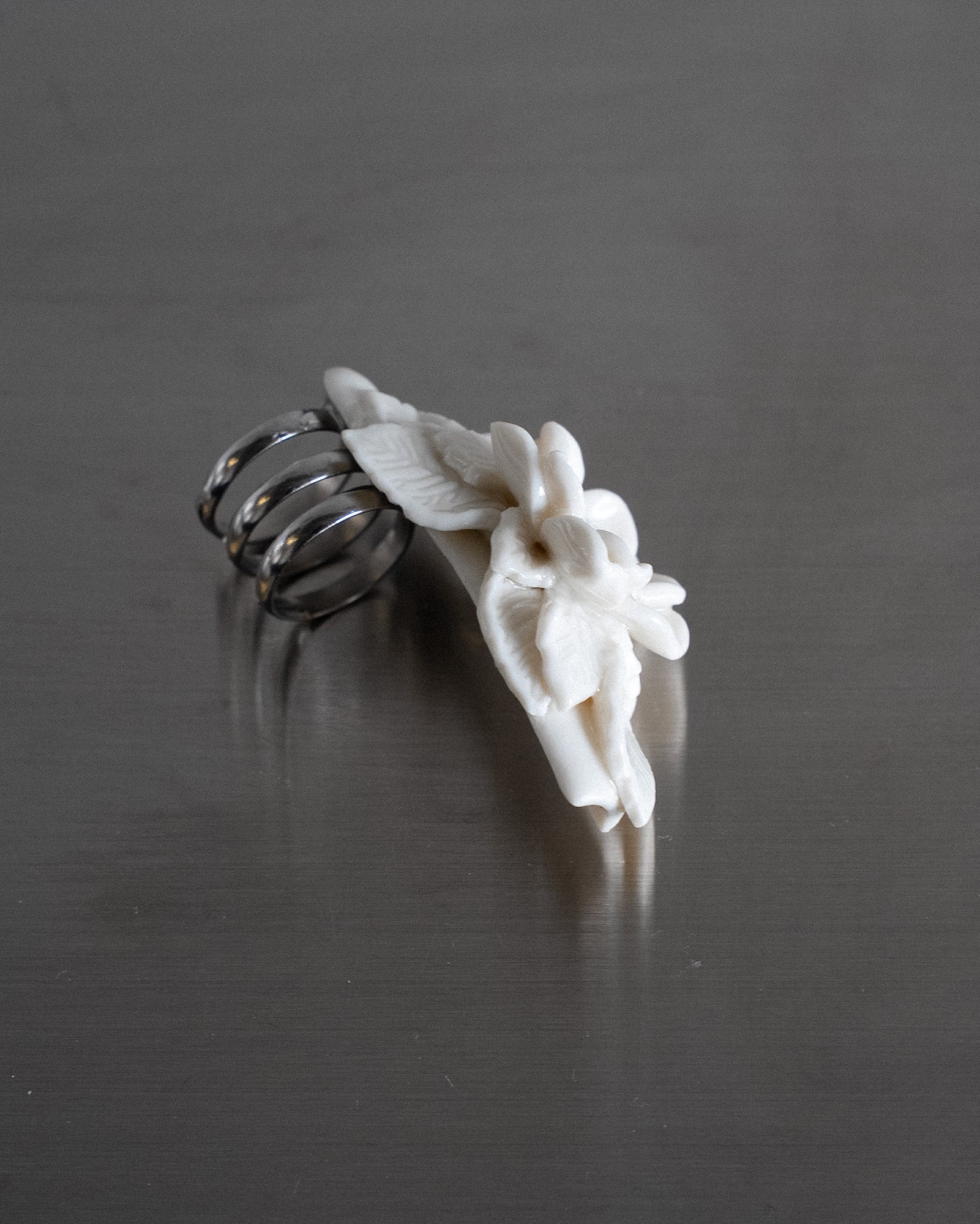 Porcelain Nail Ring “White Flower” #6 (L) by Fatma Cankaya