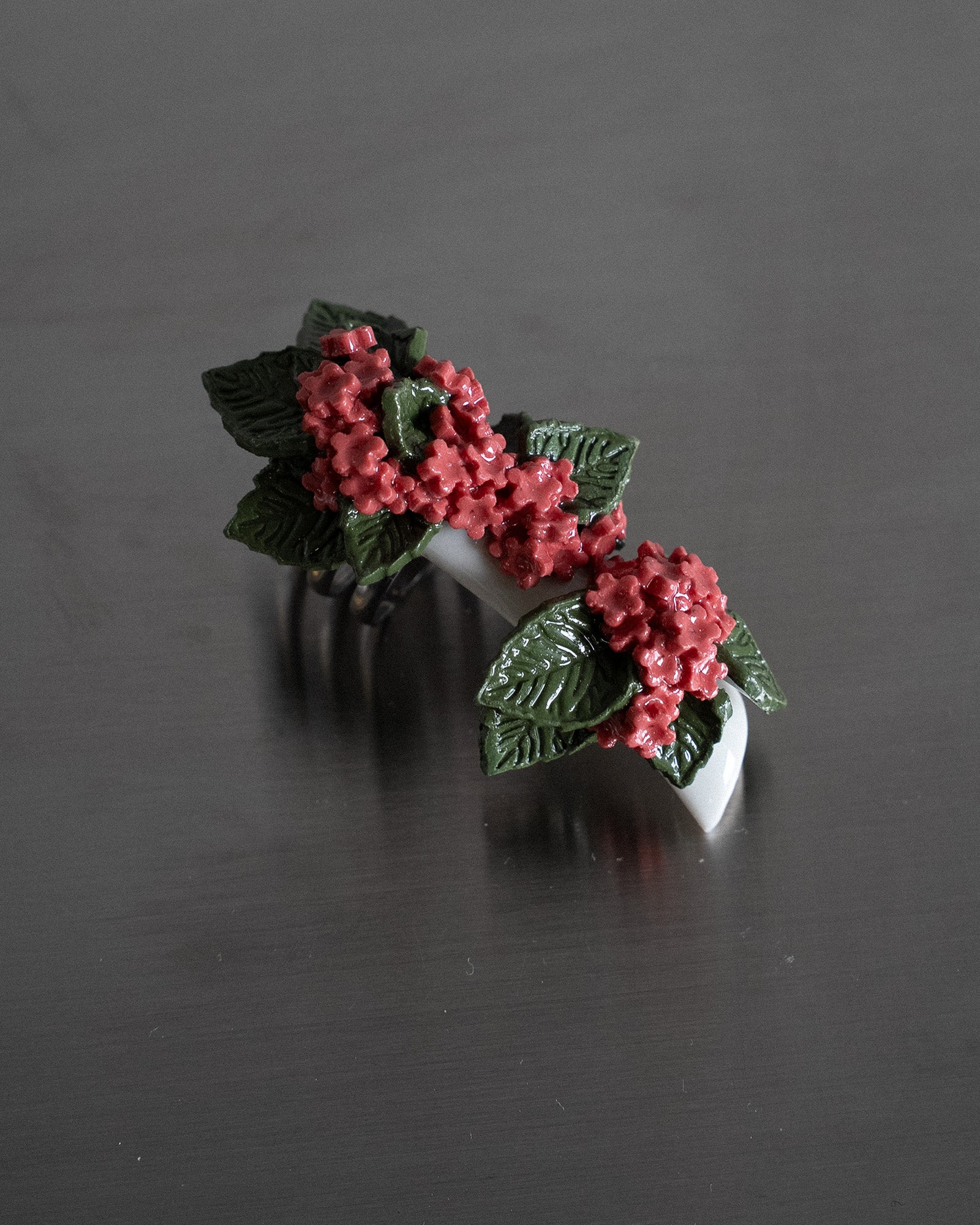 Porcelain Nail Ring “Salmon Pink Flower” #2 (L) by Fatma Cankaya