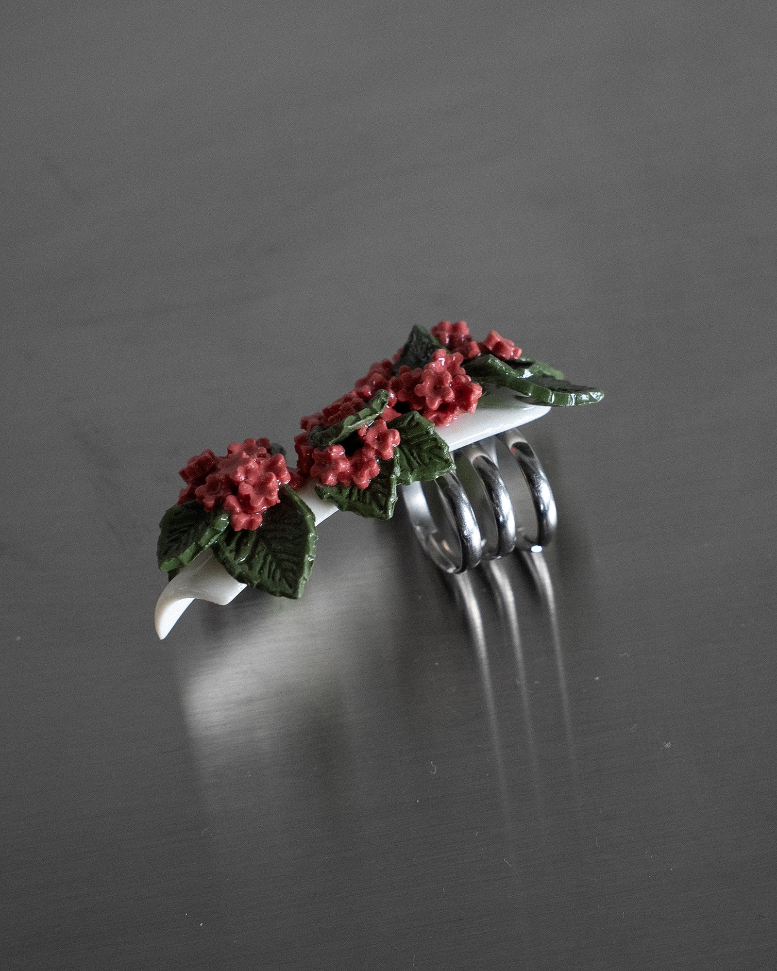 Porcelain Nail Ring “Salmon Pink Flower” #2 (L) by Fatma Cankaya