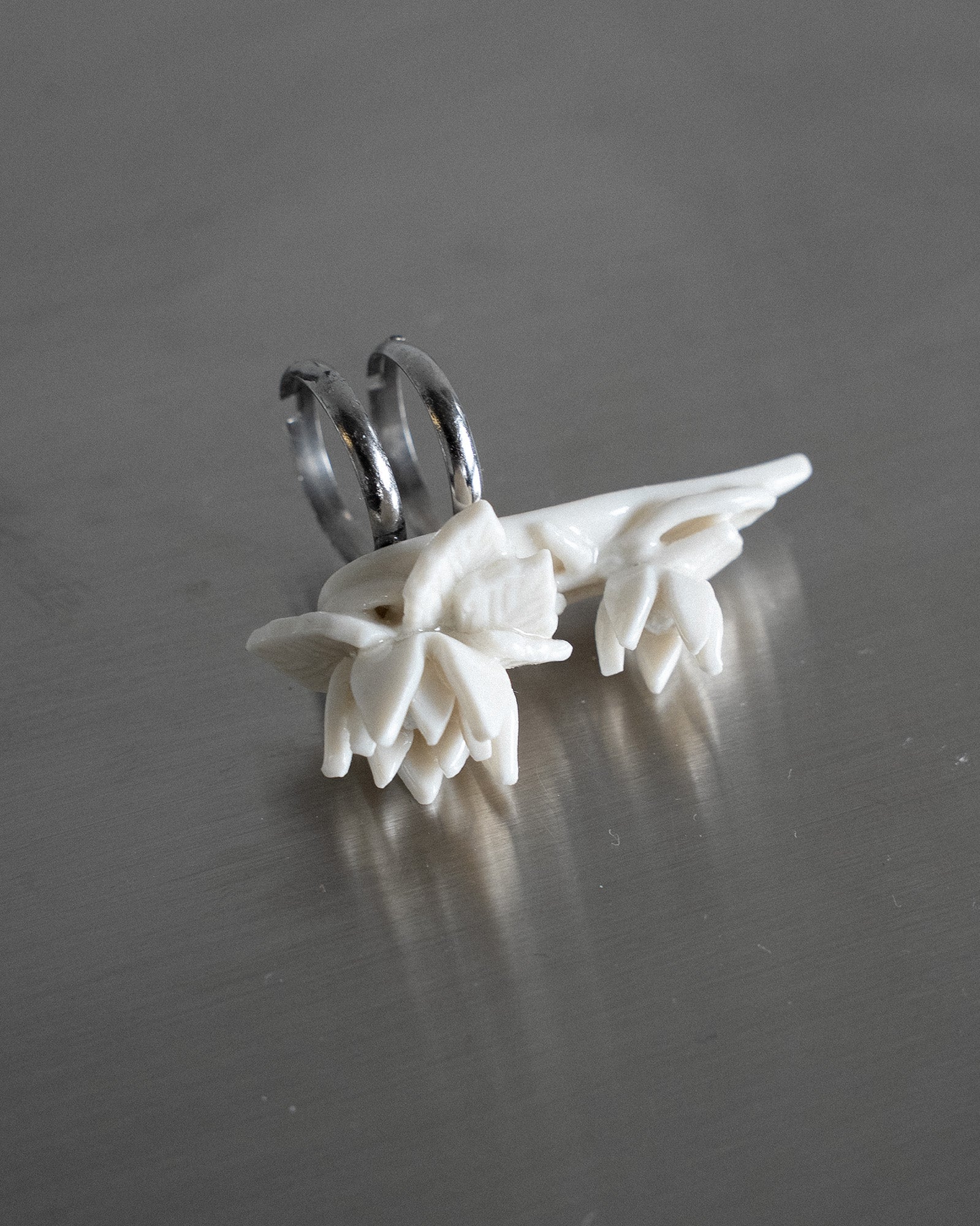 Porcelain Nail Ring “White Flower” #7 (M) by Fatma Cankaya