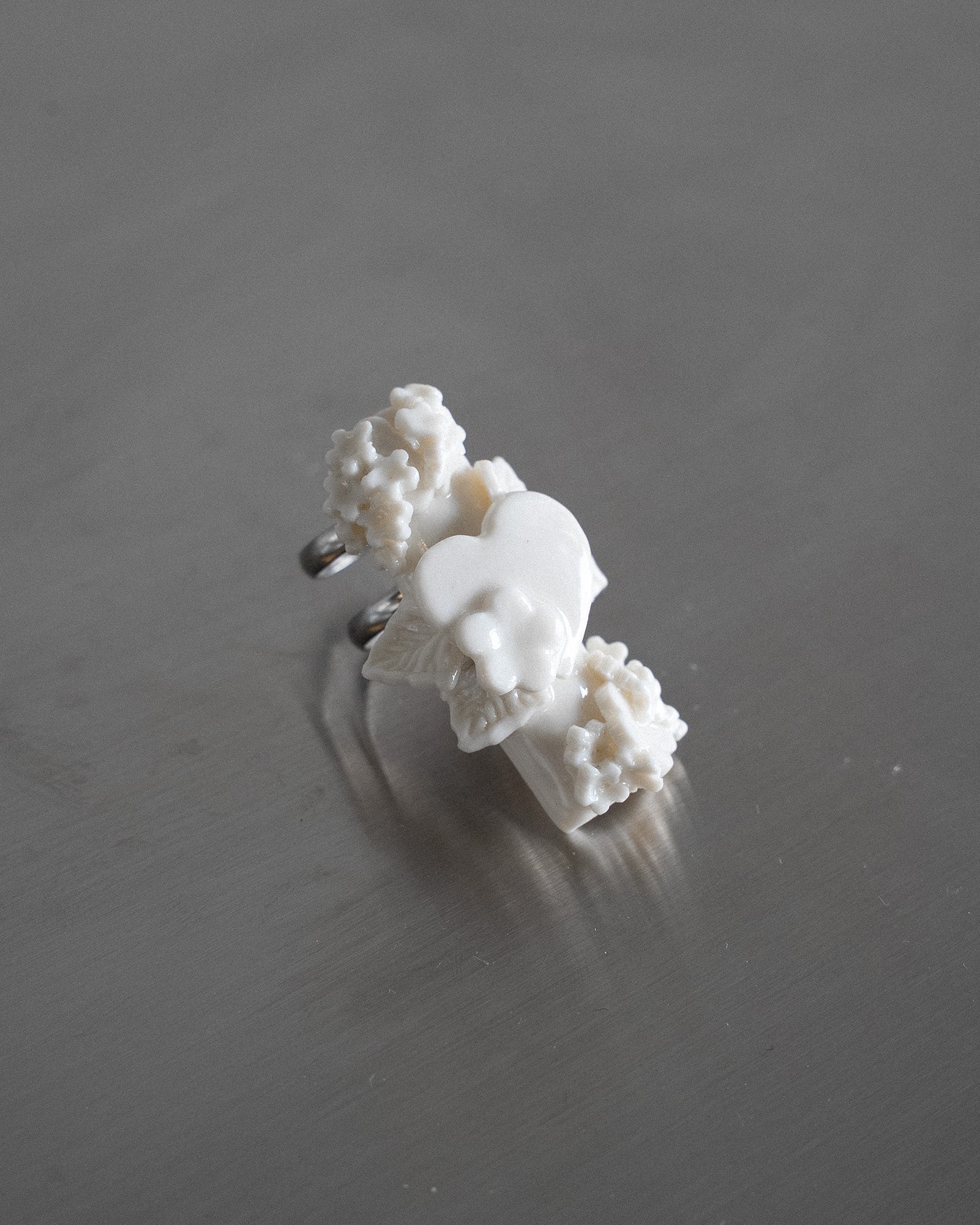 Porcelain Nail Ring “White Flower” #8 (M) by Fatma Cankaya