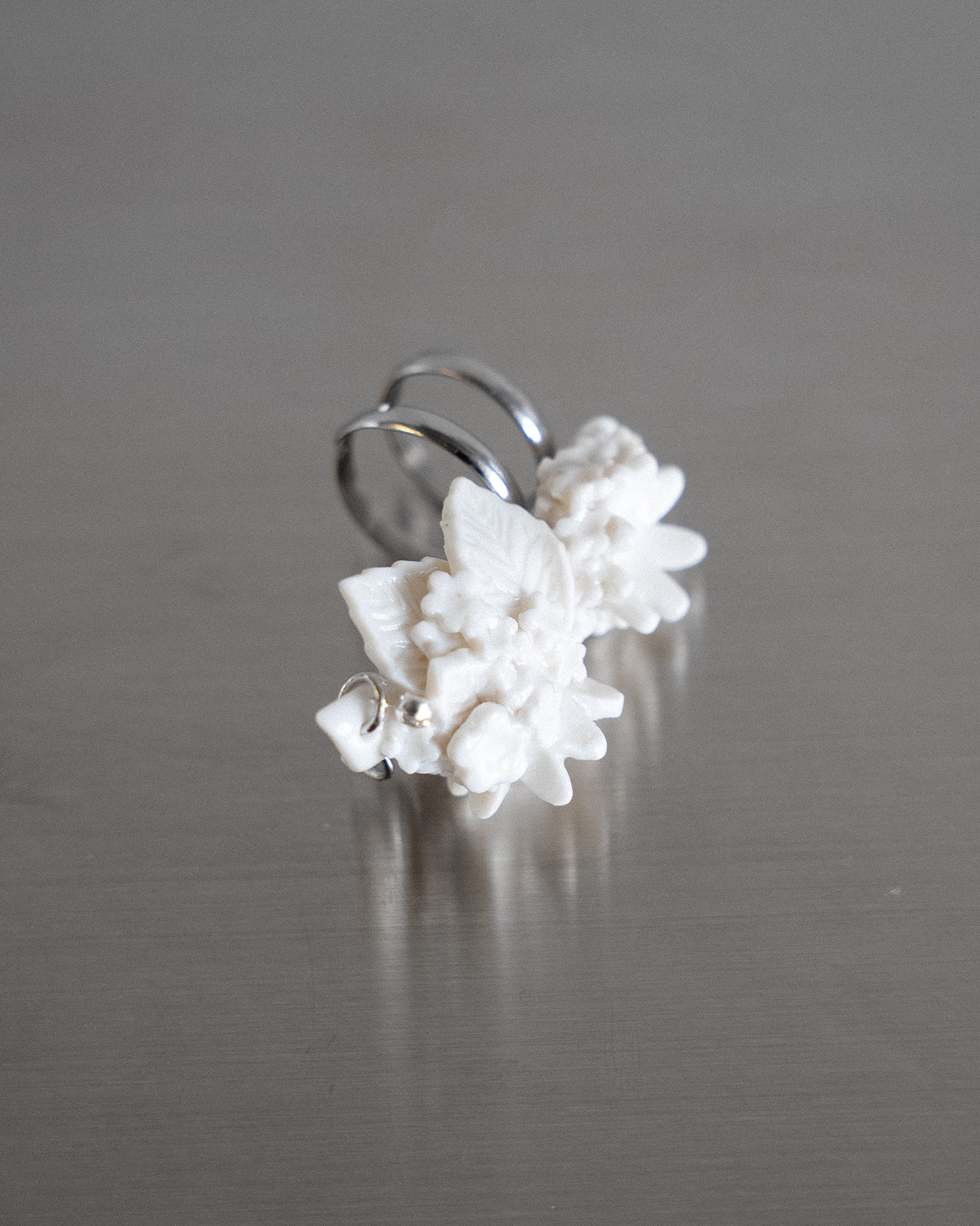 Porcelain Nail Ring “White Flower” #12 (M) by Fatma Cankaya