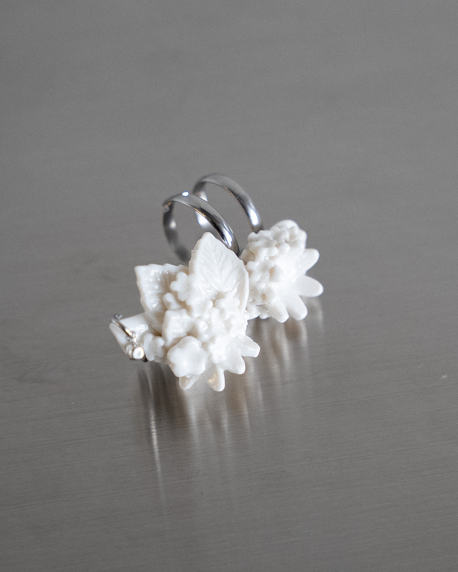Porcelain Nail Ring “White Flower” #12 (M) by Fatma Cankaya