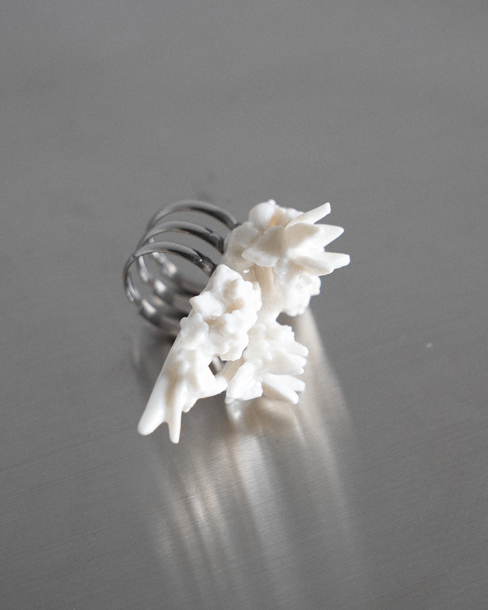 Porcelain Nail Ring “White Flower” #14 (XL) by Fatma Cankaya